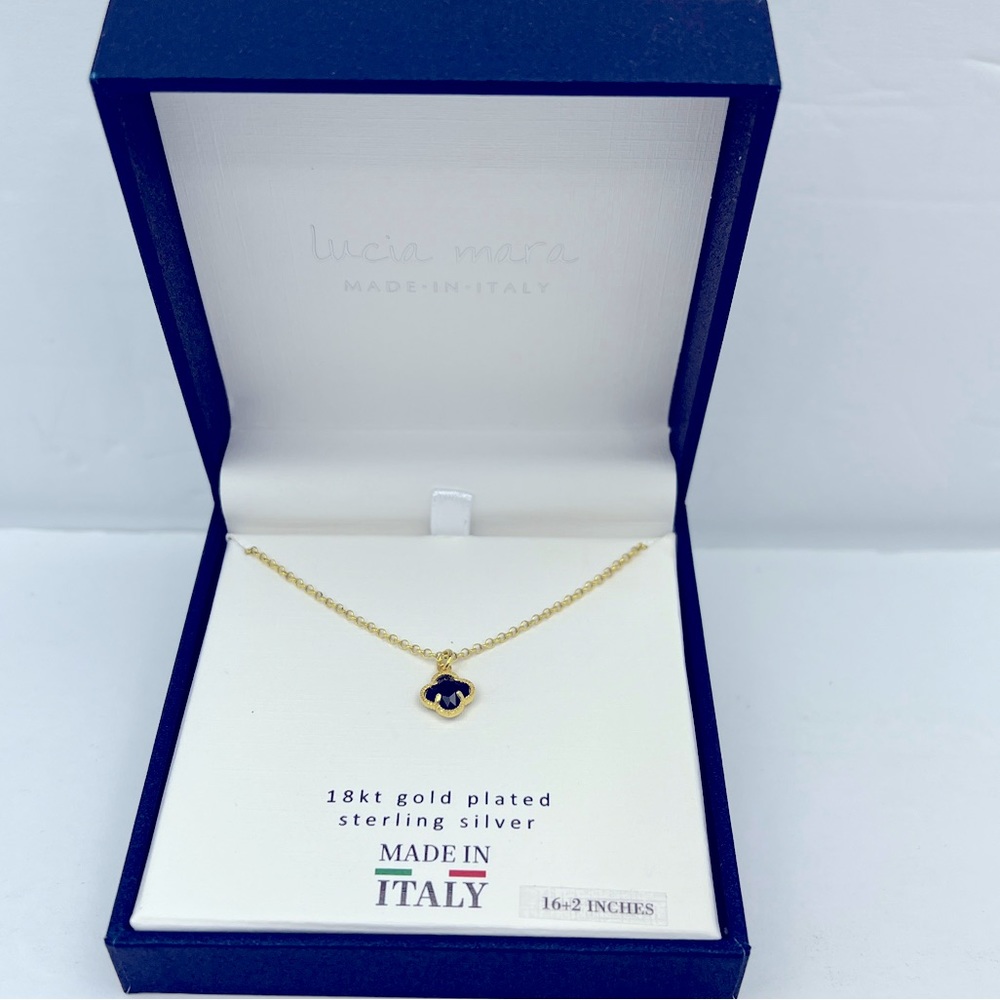 LUCIA MARA, STERLING SILVER 18KT GOLD PLATED BLACK CLOVER NECKLACE, 16+2 INCHES